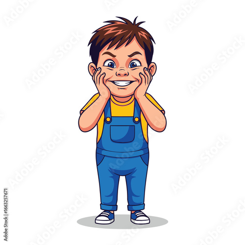 Joyful Boy Portrait: A cheerful young boy, full of youthful glee, beams a wide, happy smile while holding his cheeks, showcasing a sense of pure delight and innocence.