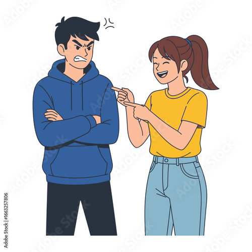 Conflict and Laughter: A vibrant illustration captures a moment of disagreement, a woman playfully teases a frustrated man. This scene embodies the dynamics of human relationships. 