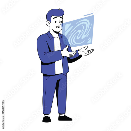 Digital Innovation: An illustrated individual, absorbed in advanced digital innovation, demonstrates a futuristic digital folder with integrated fingerprint technology.