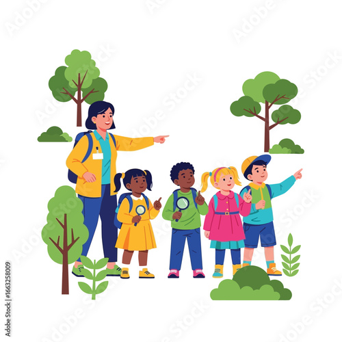A teacher leads a group of children on a nature walk, using magnifying glasses and pointing to something in the distance.
