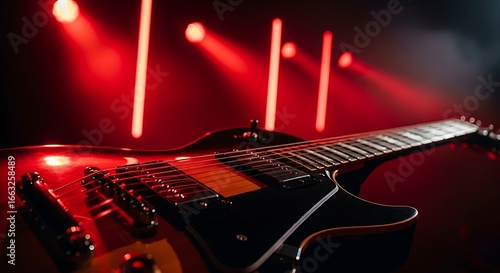 Vibrant red and blue concert stage lights illuminate an electric guitar, creating an abstract rock and roll night