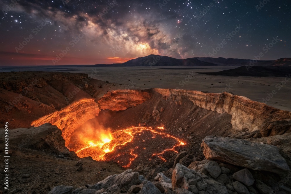 Fototapeta premium Fiery volcanic eruption under a mesmerizing starry night sky.