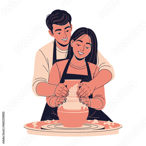 Romantic Pottery Creation: A tender moment as a couple lovingly crafts pottery together, highlighting creativity and connection in their shared art.