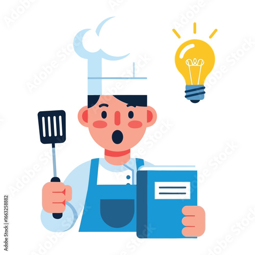 Culinary Innovation: A cartoon illustration depicts a surprised chef with an open cookbook, a spatula, and an illuminating light bulb.