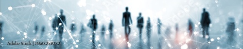 Blurred figures walking, connected by a network
