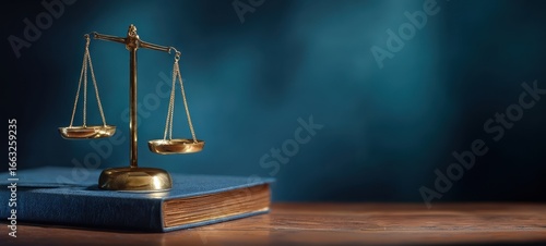 The balanced scales of justice representing law and order in a courtroom setting.