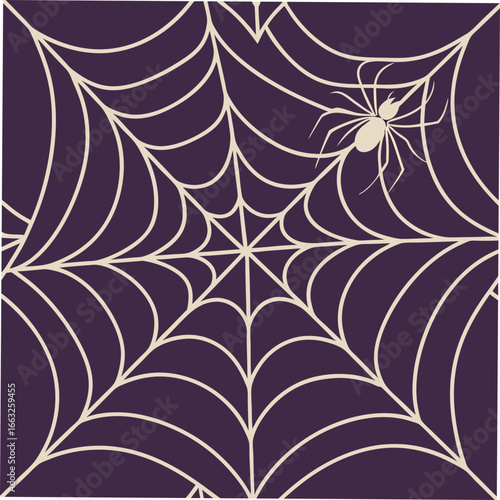 A stylized spider and web design on a dark purple background