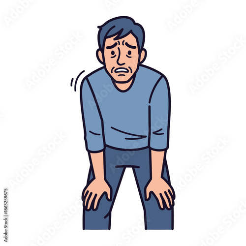 Exhausted Man: A man with a weary expression and hands on knees, reflecting exhaustion and fatigue. Capturing the relatable struggle and the emotional toll of daily stress.