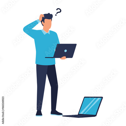 Confusion of Technical Issue: A man stands perplexed, a question mark hovering above his head, grappling with the complexities of modern technology as he confronts laptop dilemmas.