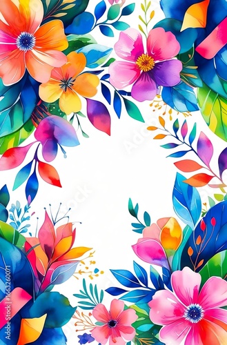 Tropical-inspired watercolor floral wreath with colorful leaves and petals arranged symmetrically on a white canvas, modern botanical illustration for digital designs, posters, and stationery products