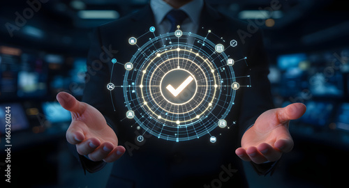 Wallpaper Mural Businessman Presenting a Futuristic Digital Interface with Checkmark Symbolizing Validation and Approval in Technology Torontodigital.ca