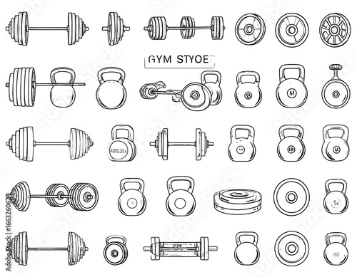 Black and white gym equipment illustrations
