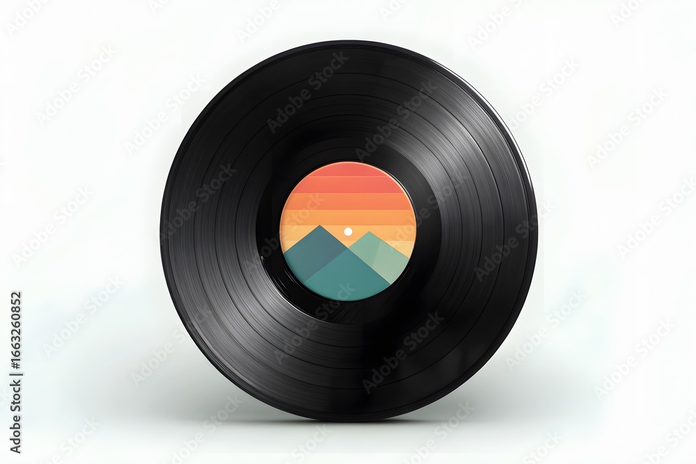 Obraz premium Mockup Black vinyl record with mountain sunset graphic label on white LP record music
