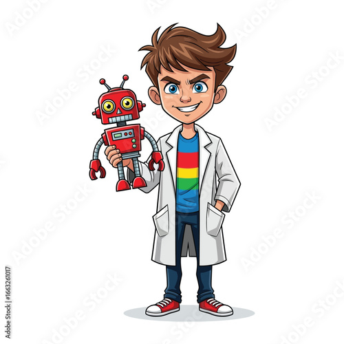 Young Inventor and His Robot: A cartoonish young boy, dressed as a scientist in a lab coat, proudly holds a small, red robot, exuding creativity and innovation.