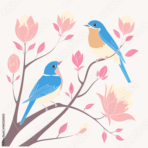 Two blue birds perched on a blossoming tree branch
