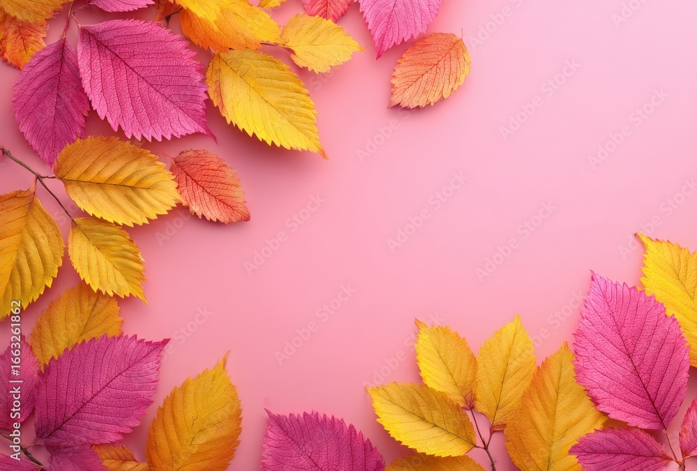 Fototapeta premium Vibrant autumn leaves in shades of pink and yellow create a lively, top-down display that captures the beauty and changing colors of the fall season.