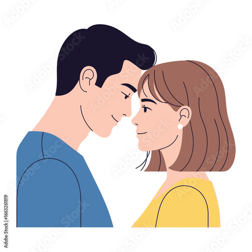 Couple in love: A digitally crafted image depicts a tender moment between a couple, their faces close, a testament to their intimate bond. The image conveys a serene feeling.