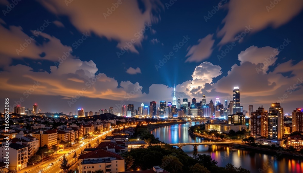 Obraz premium magical luminous clouds hovering above urban skyline at night producing soft reflections on skyscrapers, streets, and rivers creating tranquil harmonious environment