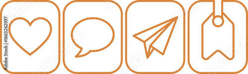 Linear Orange Social Media Icons Heart, Speech Bubble, Paper Plane and Label Icon