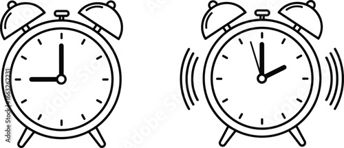 Alarm clock icons, ringing bell symbol, wake up design, morning time illustration, schedule reminder vector, countdown timer, sleep cycle, urgency
