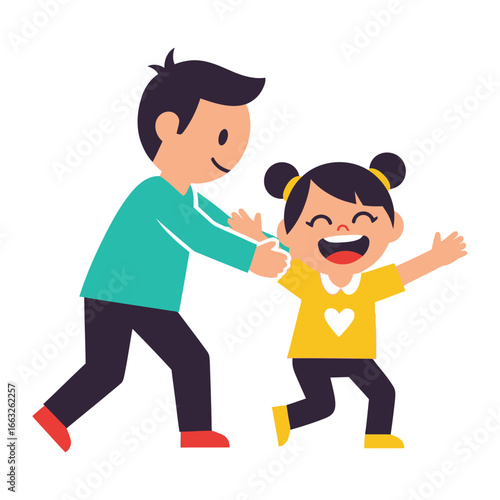 Playful Moments: A heartwarming scene unfolds as a parent and child engage in a joyous game, their smiles radiating pure happiness and familial warmth.