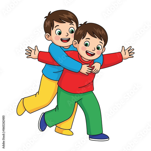 Joyful Brothers Embrace: Two animated brothers share a heartwarming embrace, their playful energy radiating pure joy and the timeless bond of sibling love.