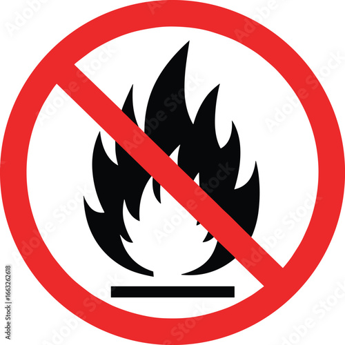 No fire symbol, flammable prohibition sign, safety warning vector, fire hazard prevention icon, danger restriction graphic, red circle forbidden flame