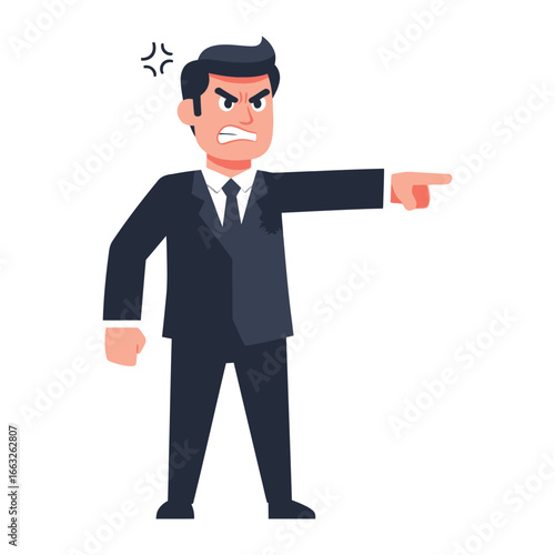 The Animated Anger: A businessman in a suit, his face contorted in an expression of anger, pointing his finger with a decisive gesture, conveys frustration and conflict.