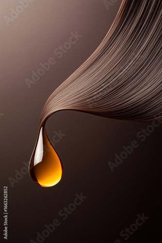 A close-up of flowing, silky hair with a drop of oil enhances its shine and beauty in a minimalist setting.