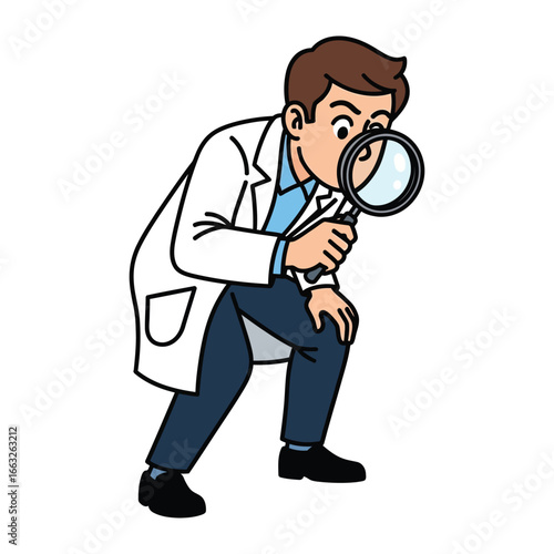 Scientist with Magnifying Glass: A focused scientist, donning a lab coat, peers intently through a magnifying glass, symbolizing the essence of meticulous observation and scientific exploration.