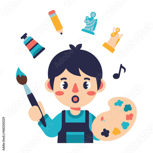 Artistic Inspiration: Captivating young artist is immersed in a colorful creative flow, illustrating the spark of artistic inspiration.