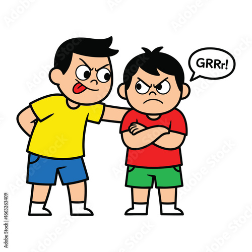 Bullying Confrontation: A colorful cartoon depicting a scene of childhood bullying, featuring an aggressive figure taunting a distressed peer