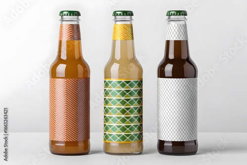 Three glass beverage bottles with decorative labels drink liquid Mockup