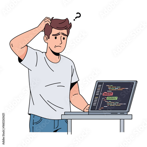 Confused man with laptop: A frustrated man grapples with a complex coding task, pondering a challenging problem with a laptop. His expression embodies the mental hurdles of software development.