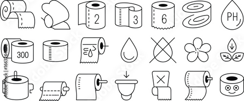 Toilet paper icons, tissue roll, bathroom hygiene, eco friendly tissue, softness, absorbent, pH balance, wet wipes, sanitation, flat vector illustration