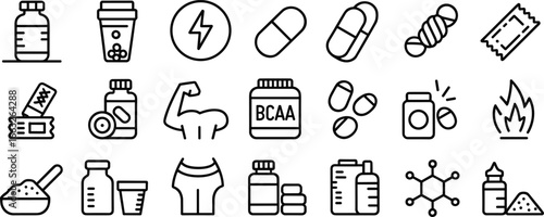 Fitness supplement icons, protein powder, BCAA, vitamins, capsules, pills, nutrition bars, energy drinks, bodybuilding, sports nutrition, flat vector illustration