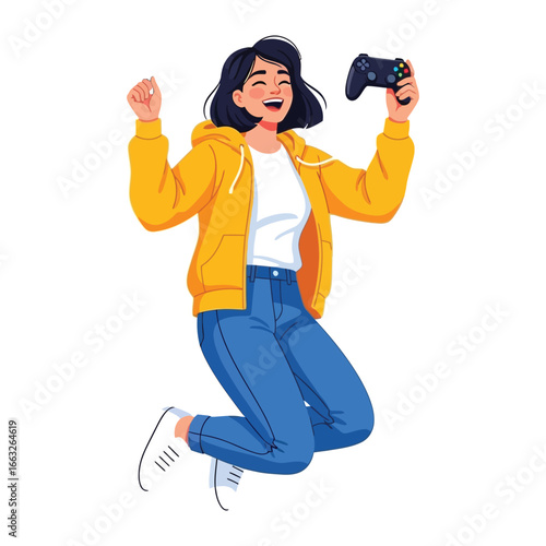 Gamer's Triumph: A joyous gamer celebrates a virtual victory, leaping into the air with a gamepad in hand, embodying the elation of gaming in a vivid, illustrated scene.
