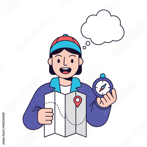 Journey Explorer's Contemplation: A young explorer with a map and compass contemplates their next steps, illustrated in a vibrant style. Reflecting on exploration, navigation, and adventure. 
