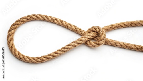 Obraz na płótnie Rough rope loop with knot isolated on white background. Rustic style and vintage aesthetics. Suitable for design, banners, theme projects.