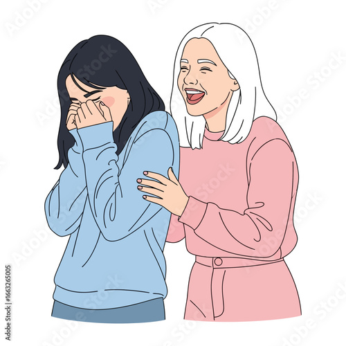Shared Moments of Laughter and Support: An intimate illustration captures a poignant exchange, with one woman comforting another amidst a shared emotional experience.