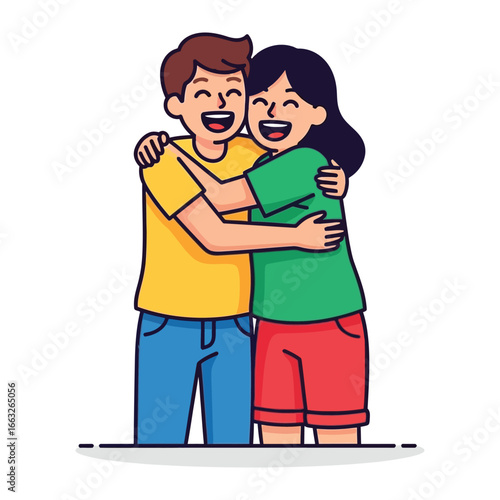 Joyful Embrace: Two friends share a heartwarming embrace, their faces lit up with pure joy, embodying the essence of friendship, companionship, and the beautiful bonds we form.