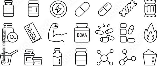 Fitness supplements icons, protein powder, vitamins, capsules, BCAA, bodybuilding, nutrition, energy, health, muscle growth, metabolism, workout, flat vector illustration