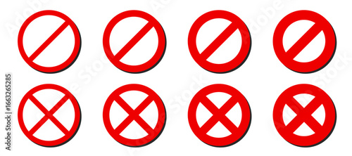 Prohibited circle sign. Red prohibition icon with cross line. Ban and forbidden stop symbol in caution frame. Vector illustration of warning sign isolated on white background.