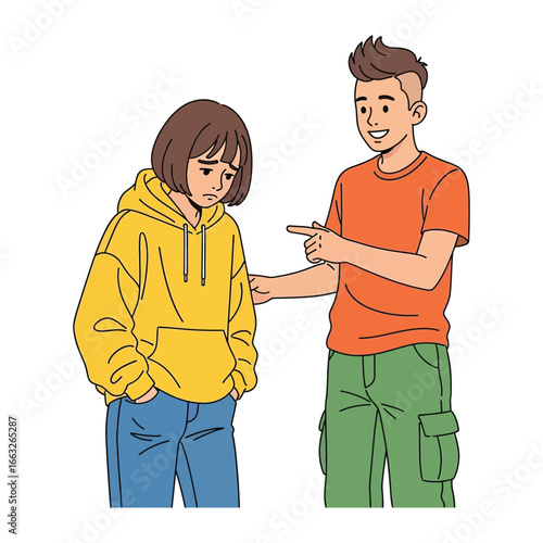 Conflict Scene: One person taunts, the other's facing the situation with a face showing worry and a hint of fear. The image encapsulates the essence of school conflict and its ripple effects.