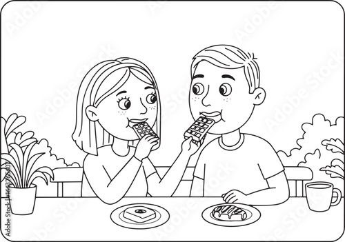 Line art illustration of a loving couple sharing chocolate and d
