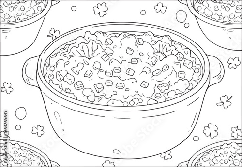 Whimsical illustration of irish colcannon with clover accents ou