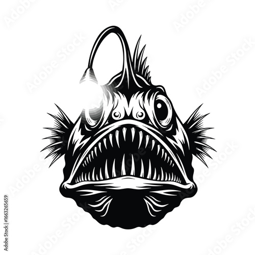 A detailed black and white illustration of a deep-sea anglerfish with open jaws.
