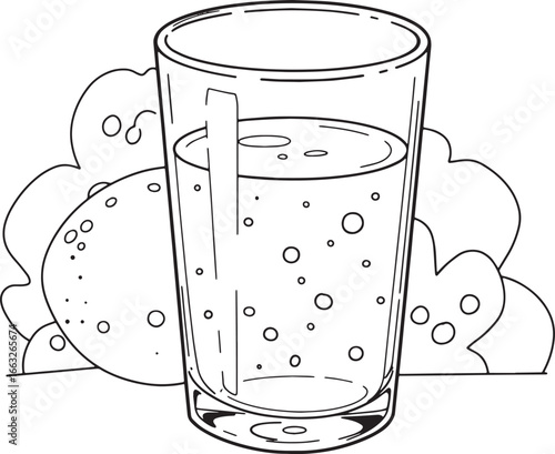 Stylized line drawing: Refreshing grapefruit juice in a glass wi