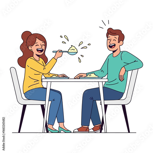 Sharing a Moment of Joy: A vibrant illustration captures the lightheartedness of sharing a meal together. A cheerful woman playfully offers food to a delighted companion.