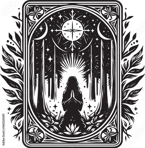 Intricate Black and White Illustration Depicting a Woman Praying in a Mystical Forest